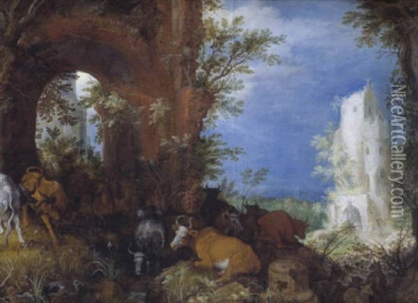 Landschaft Mit Kuhen, Hirschen Und Wasservogeln An Einem Wasserfall Vor Einer Ruine Oil Painting - Roelandt Savery