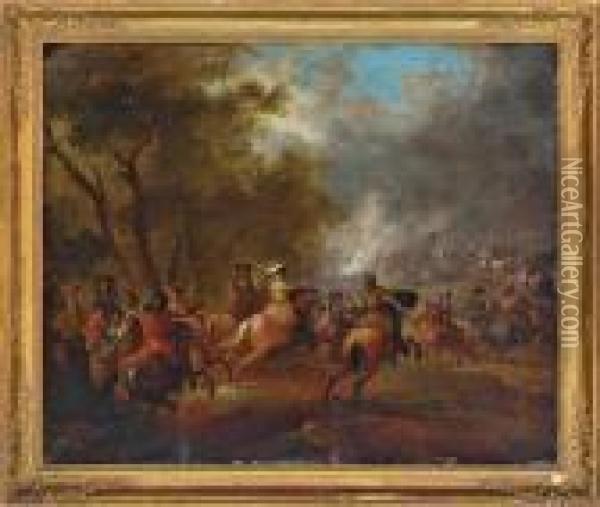 A Battle Scene With An Officer On Horseback Directing His Troops To The Battle Ground Beyond Oil Painting - Thomas Wyck