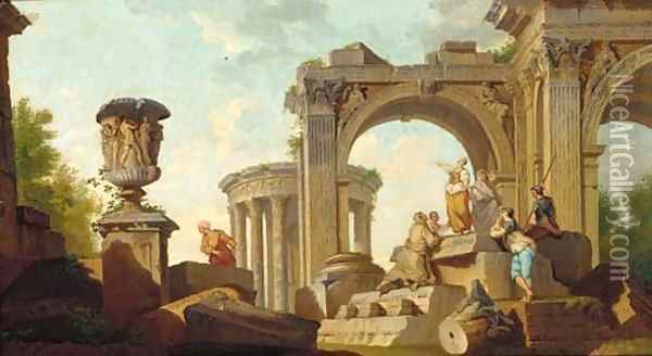 A capriccio of classical ruins with a sibyl predicting Oil Painting - Giovanni Paolo Panini