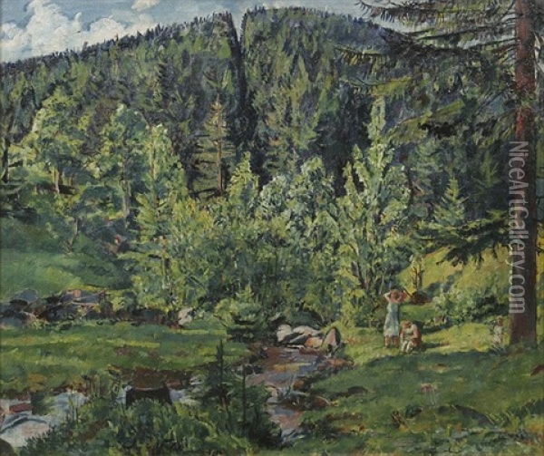 Schwarzwaldlandschaft Mit Zwei Madchen An Einem Bach Am Waldrand Oil Painting - Erich Buettner