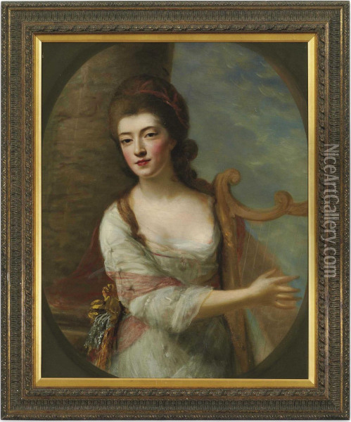 Portrait Of A Lady, Three-quarter-length, In A White Dress, Playing A Harp, Standing By A Column In A Landscape Oil Painting - Nathaniel Hone