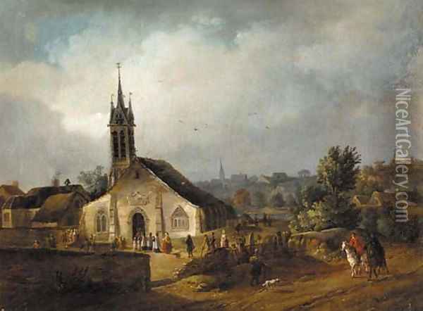 A country church with villagers and horsemen on a nearby track Oil Painting - Johann-Christian Brand