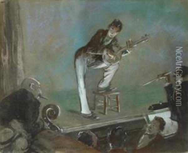 Banjo Player On Stage Oil Painting - Everett Shinn