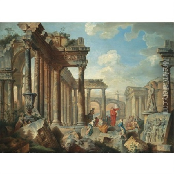 A Capriccio View Of Architectural Ruins With Saint Peter Preaching Oil Painting - Giovanni Paolo Panini