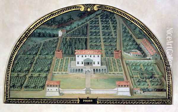 Villa Poggio a Caiano from a series of lunettes depicting views of the Medici villas, 1599 Oil Painting - Giusto Utens
