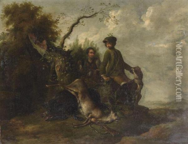 Deux Chasseurs Avec Un Troph Oil Painting - Magnus Brasch