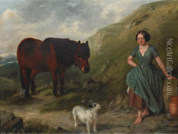 Shepherd Girl Gathering Water For Her Pony And Terrier Oil Painting - Of John Alfred Wheeler