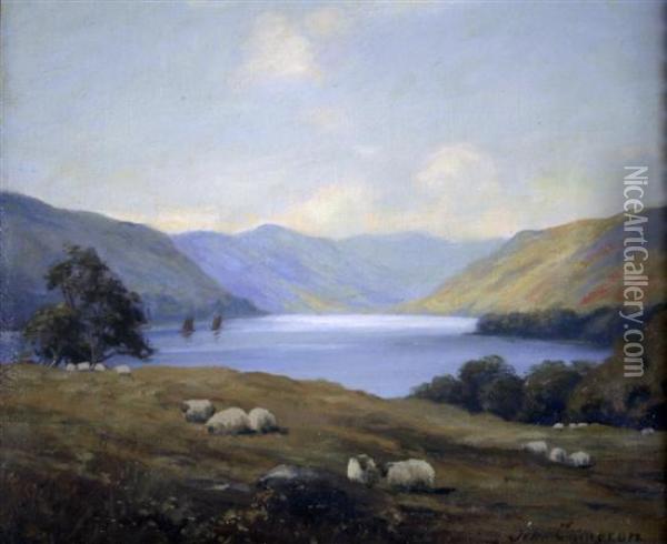 Sheep With Loch Beyond Oil Painting - John Cameron
