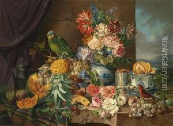 Large Still Life With Fruit Oil Painting - Josef Schuster