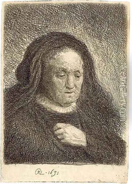 The Artist's Mother with her Hand on her Chest small Bust Oil Painting - Rembrandt Van Rijn