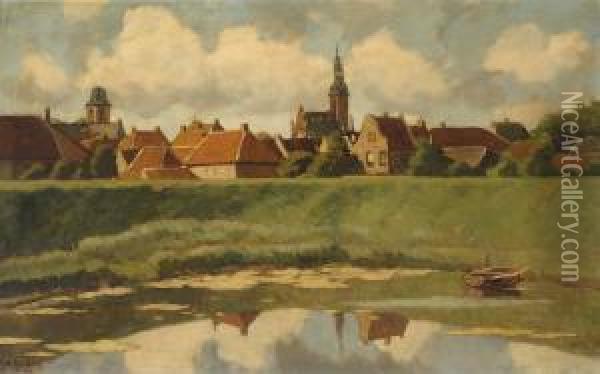 Village Behind Adyke Oil Painting - Nicolaas Bastert
