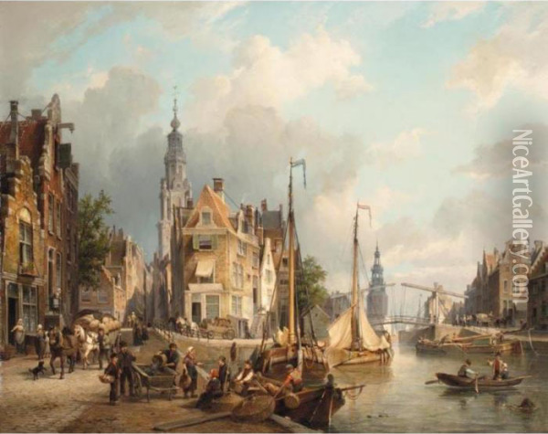 A View Of The Oudeschans With 
The Zuiderkerk And The Montelbaanstoren In The Distance, Amsterdam Oil Painting - Cornelis Christiaan Dommersen