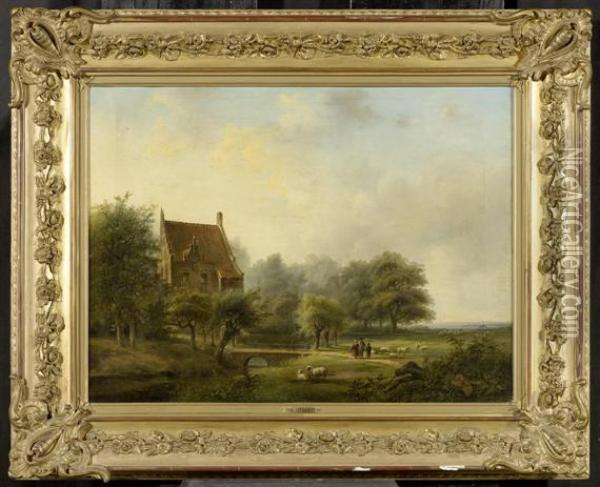 Landscape With A Farm Oil Painting - Jan Hulswit