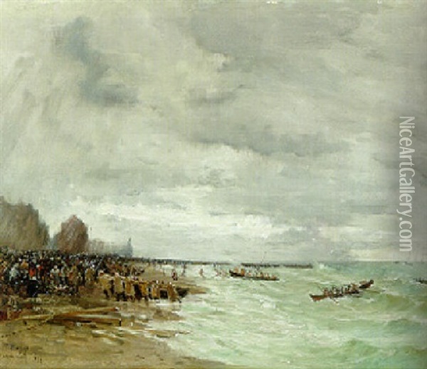 Beaching The Boats At Grandcamps, Normandy Oil Painting - Frank Myers Boggs