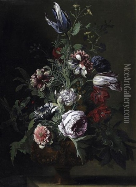 Blumenstilleben. In Einer Reliefierten Vase Ein Straus Mit Tulpen Und Pfingstrosen Oil Painting - Hieronymus Galle the Elder