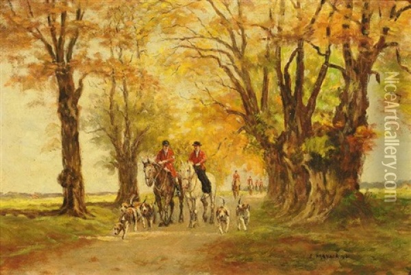 Reiter Mit Hundemeute Auf Herbstlicher Allee Oil Painting - Ernst Haymann
