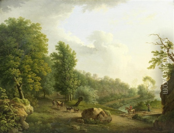 An Extensive River Landscape With Travellers On Horseback; And A Wooded River Landscape (2) Oil Painting - Jacob Philipp Hackert
