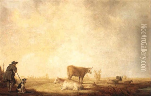 A Cowherd Leaning On His Stick Standing With His Dog By A Fence Oil Painting - Aelbert Cuyp