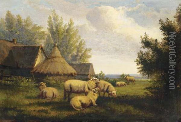 Sheep Grazing In A Landscape Oil Painting - Jef Louis Van Leemputten