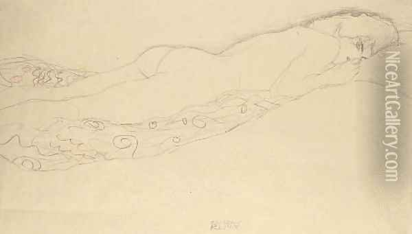 Auf dem Bauch liegender Akt nach rechts Oil Painting - Gustav Klimt