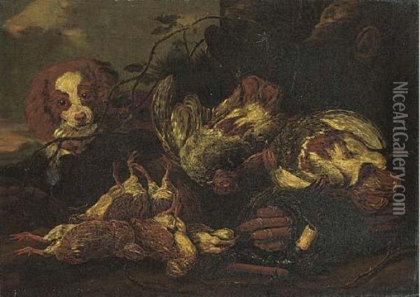 A Spaniel With Dead Game Birds In A Clearing Oil Painting - Jan Fyt