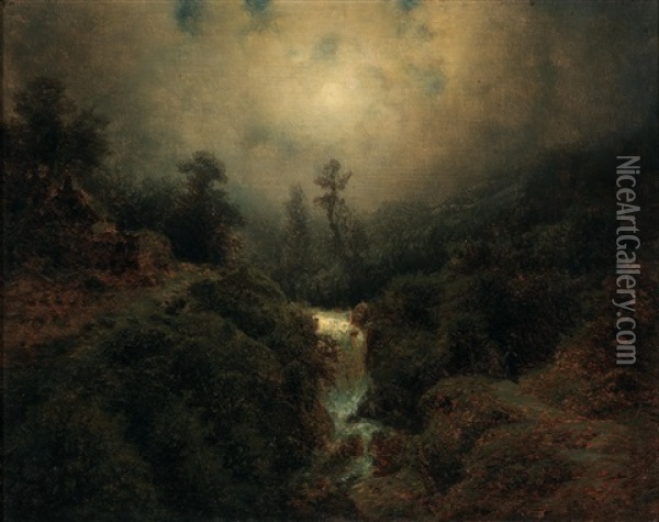 Romantic Moonlit Landscape With Walker Oil Painting - August Bedrich Piepenhagen