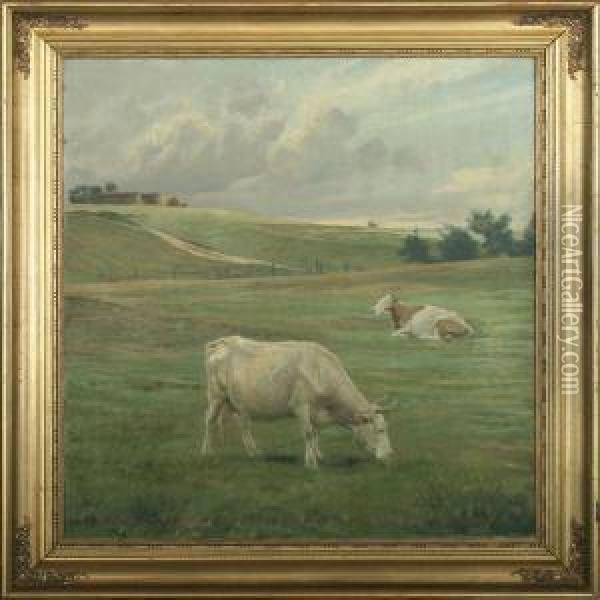 Two Cows In Thefield Oil Painting - Johannes Resen-Steenstrup
