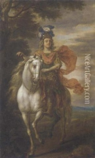 An Equestrian Portrait (johann William, Elector Of The Palatine?) In An Ancient Roman Military Leader Dress, In A Landscape Oil Painting - Adam Frans van der Meulen