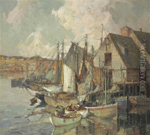 An Ever-busy Harbor, Gloucester, Massachusetts Oil Painting - Frederick J. Mulhaupt