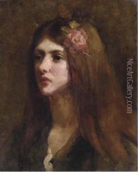 Portrait Of A Girl, Bust-length, In A Green Dress With A Rose Inher Hair Oil Painting - Thomas Cooper Gotch
