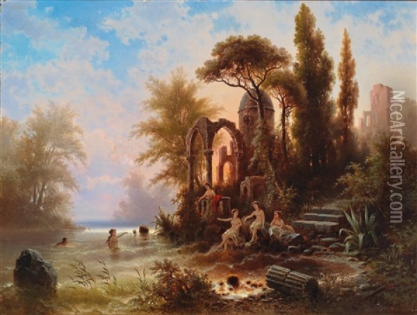 Bathers In A Romantic Landscape Oil Painting - Albert Rieger