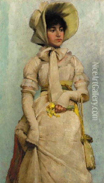 Standing Lady Wearing A Bonnet Oil Painting - John Lavery