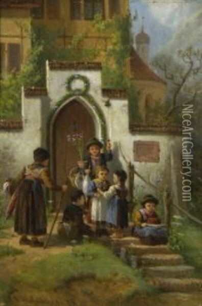 Die Kleinen Gratulanten Oil Painting - Bernhard Froehlich