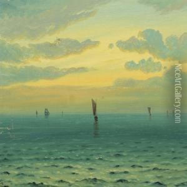 Seascape With Sailing Boats In The Sunset Oil Painting - Carlo Frithjol Smith