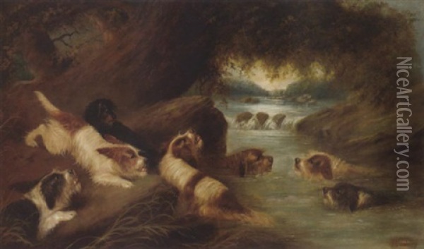 Spaniels By A River Oil Painting - J. Langlois