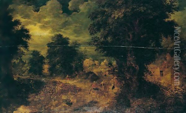 A Woodland Landscape With Figures And Waggons On The Outskirts Of A Village Oil Painting - Abraham Govaerts