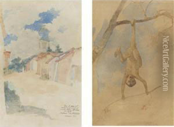 A Pair Of Drawings: Calle Los Teques And Mono Oil Painting - Arturo Michelena