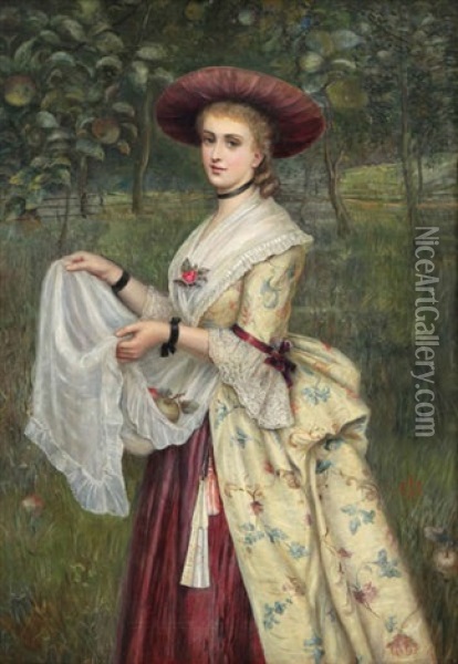 Jeune Femme Cueillant Des Pommes Oil Painting - Charles Sillem Lidderdale