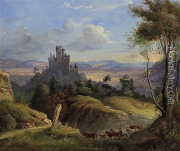 Schafer Mit Seiner Herde Vor Weiter Landschaft Mit Burganlage Oil Painting - Friedrich Anton Wyttenbach