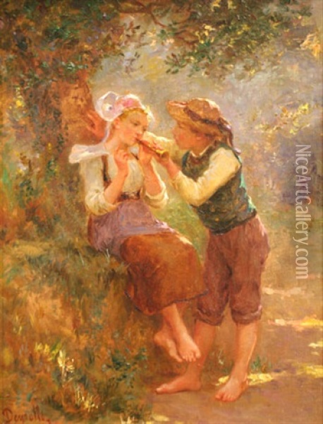 Jeune Couple En Foret Oil Painting - Theophile-Louis Deyrolle