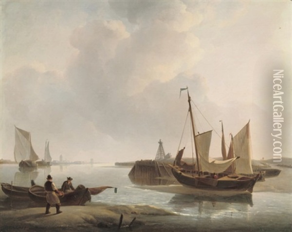 Stil Water: Offloading The Catch In The Harbour Oil Painting - Johannes Christiaan Schotel