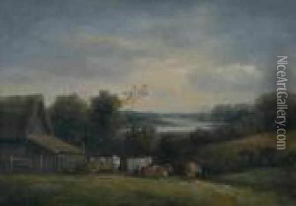 Cattle Beside A Barn In A River Landscape, Signed, Oil On Panel Oil Painting - John Moore Of Ipswich