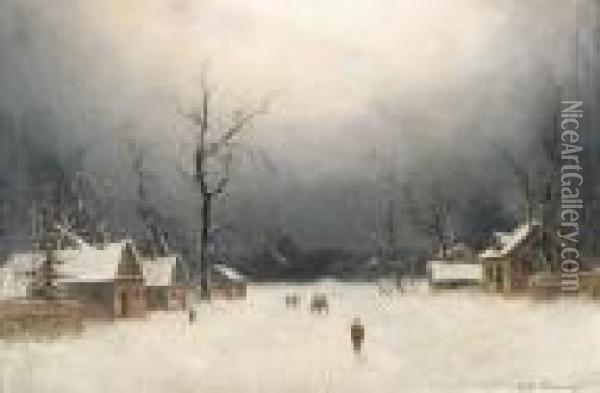 Village Snow Scene Oil Painting - Hans Christiansen