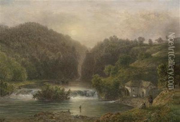 Landscape With Angler In A River Oil Painting - August Bedrich Piepenhagen