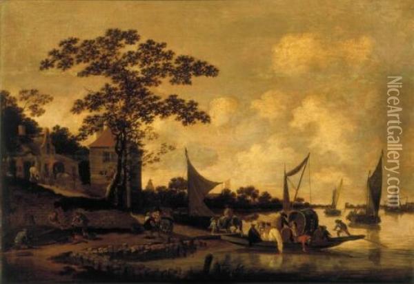 Bustling Ferry Landing Oil Painting - Salomon van Ruysdael