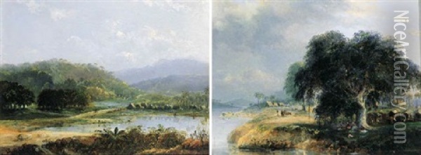 A River Landscape In Java With Figures Resting Under A Tree Oil Painting - Abram Salm