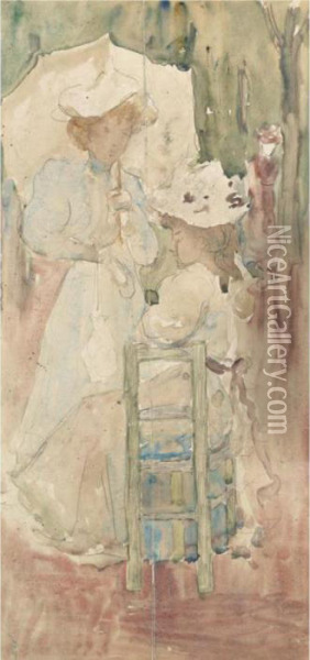 Two Women In A Park: A Double-sided Watercolor Oil Painting - Maurice Brazil Prendergast