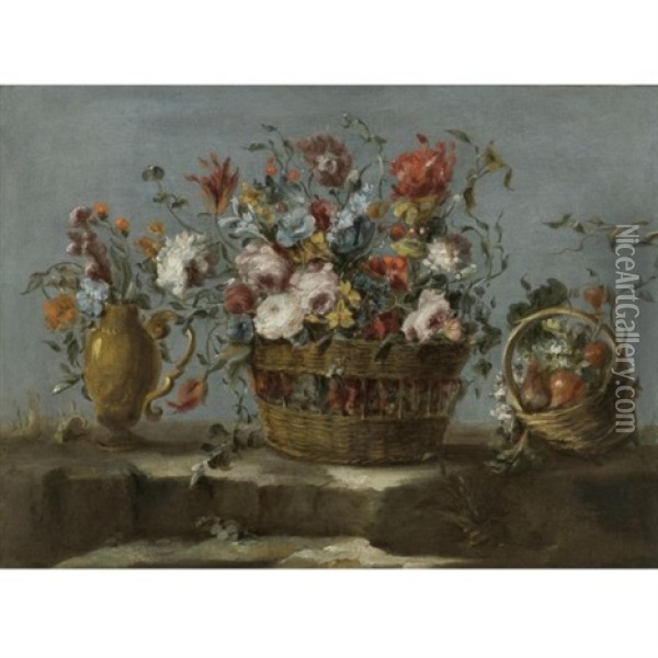 Still Life Of A Basket Of Flowers On A Rock Ledge, With A Vase Of Flowers And A Basket Filled With Fruit And Vegetables Oil Painting -  Pseudo Guardi