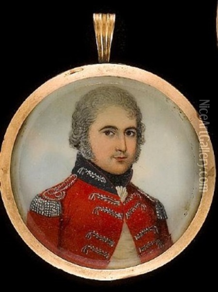 An Officer, Wearing Scarlet Coatee With Black Collar, Silver Embroidery And Epaulettes, His Hair Powdered Oil Painting - Frederick Buck