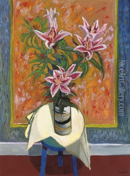 Oriental Lilies On A Stool Oil Painting - David Martin